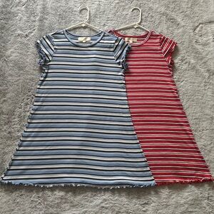 Set of 2! no•comment, Blue and Red Stripped, Ruffled Edged, Midi Dresses!